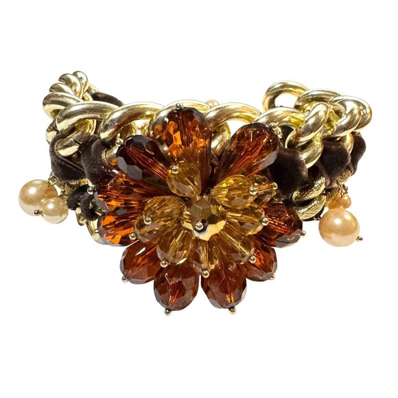 FLORAL STATEMENT BRACELET GOLD TONE CHAIN VELVET BROWN RIBBON FAUX PEARLS WOMENS - Picture 1 of 4